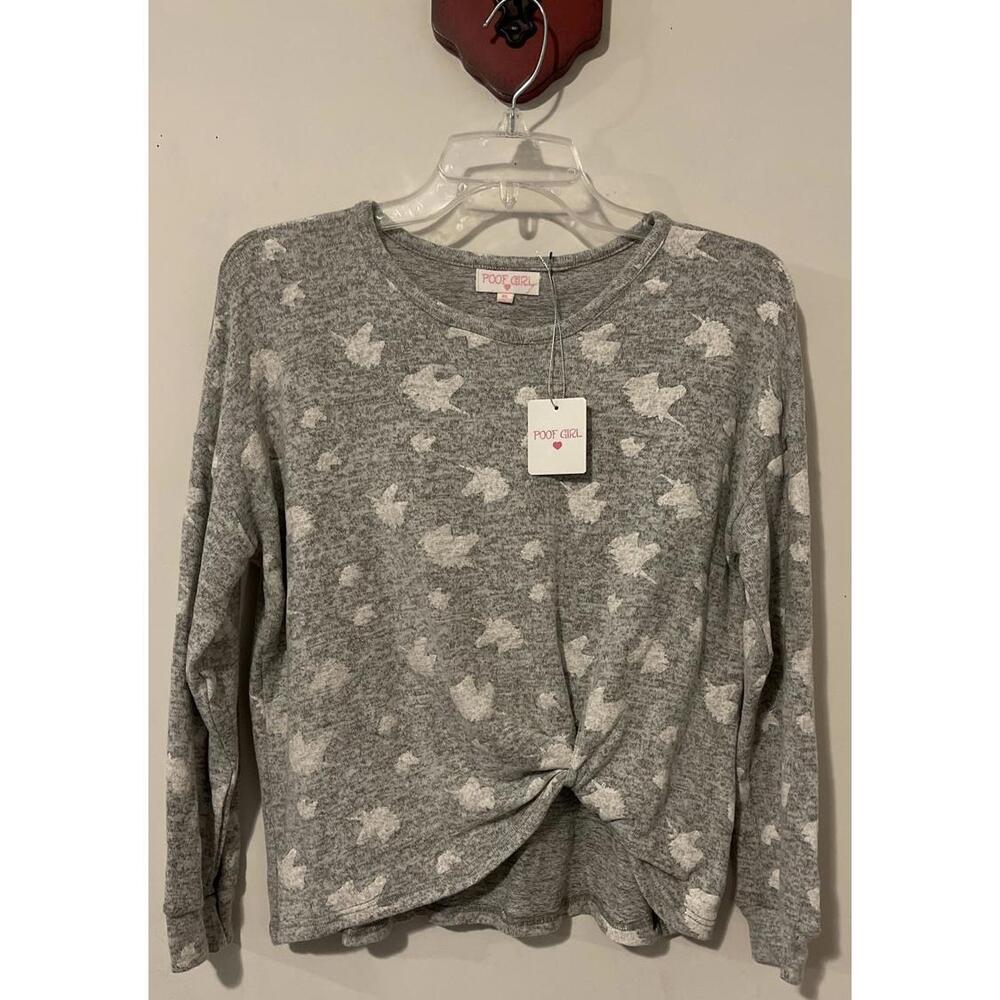 Poof Girl XL Gray Unicorn-Print Twist-Front Long-Sleeved Soft Blouse NWT! A3358